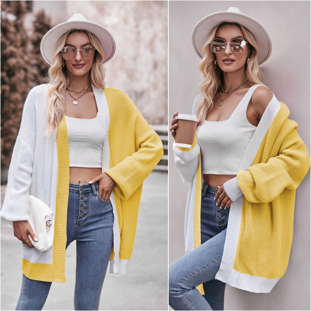 Contrast Open Front Cardigan - Yellow